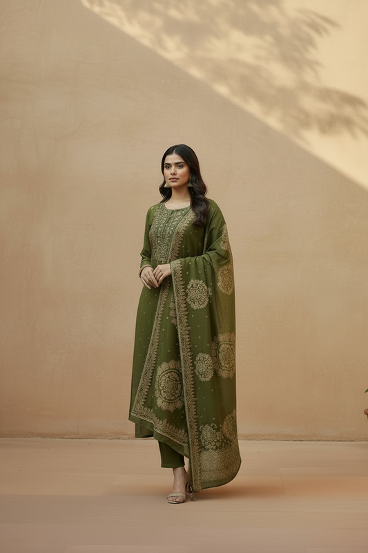 Mehndi Green Cotton Kurta Set with Dupatta for Women | Elegant Festive & Daily Wear