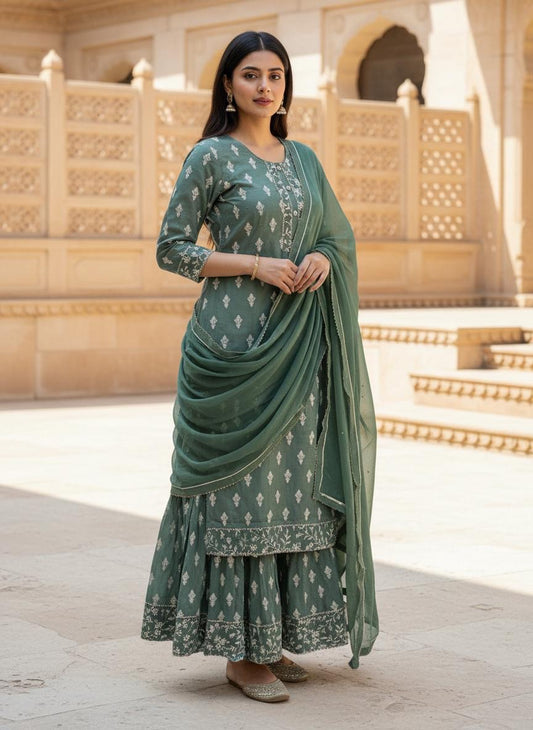 Green Embroidered Sarara Kurta Set