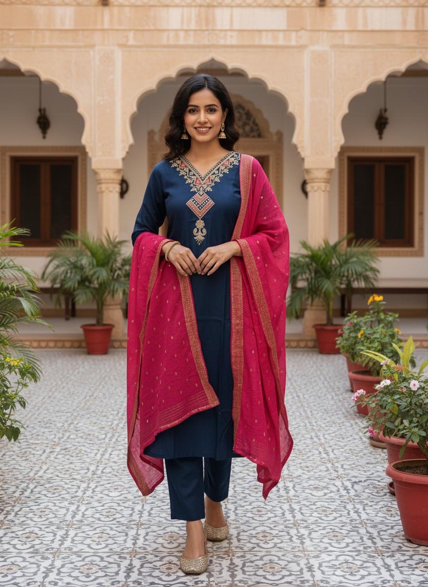 Teal Embroidered Kurta Set with Dupatta