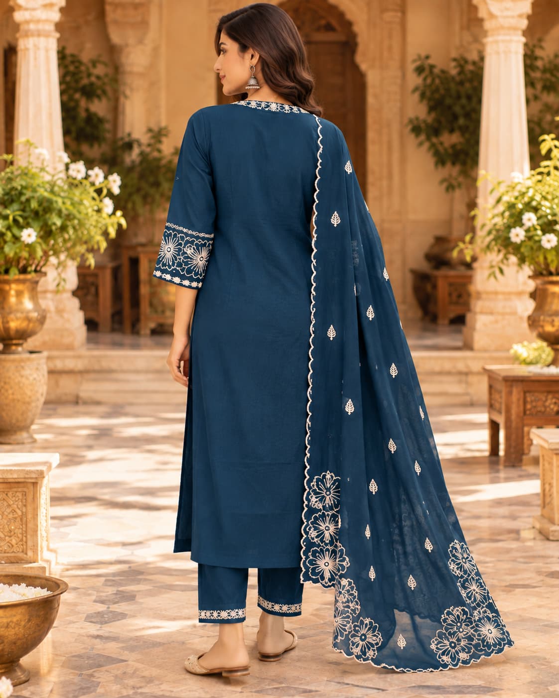 Three-piece peacock blue cotton kurta, pants and dupatta set for women