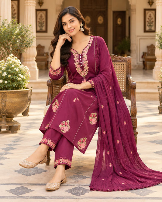 Wine cotton kurta with pink and green floral embroidery and tassel placket