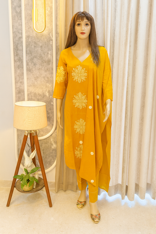 Golden Marigold Embroidered mulcotton Kurta Set