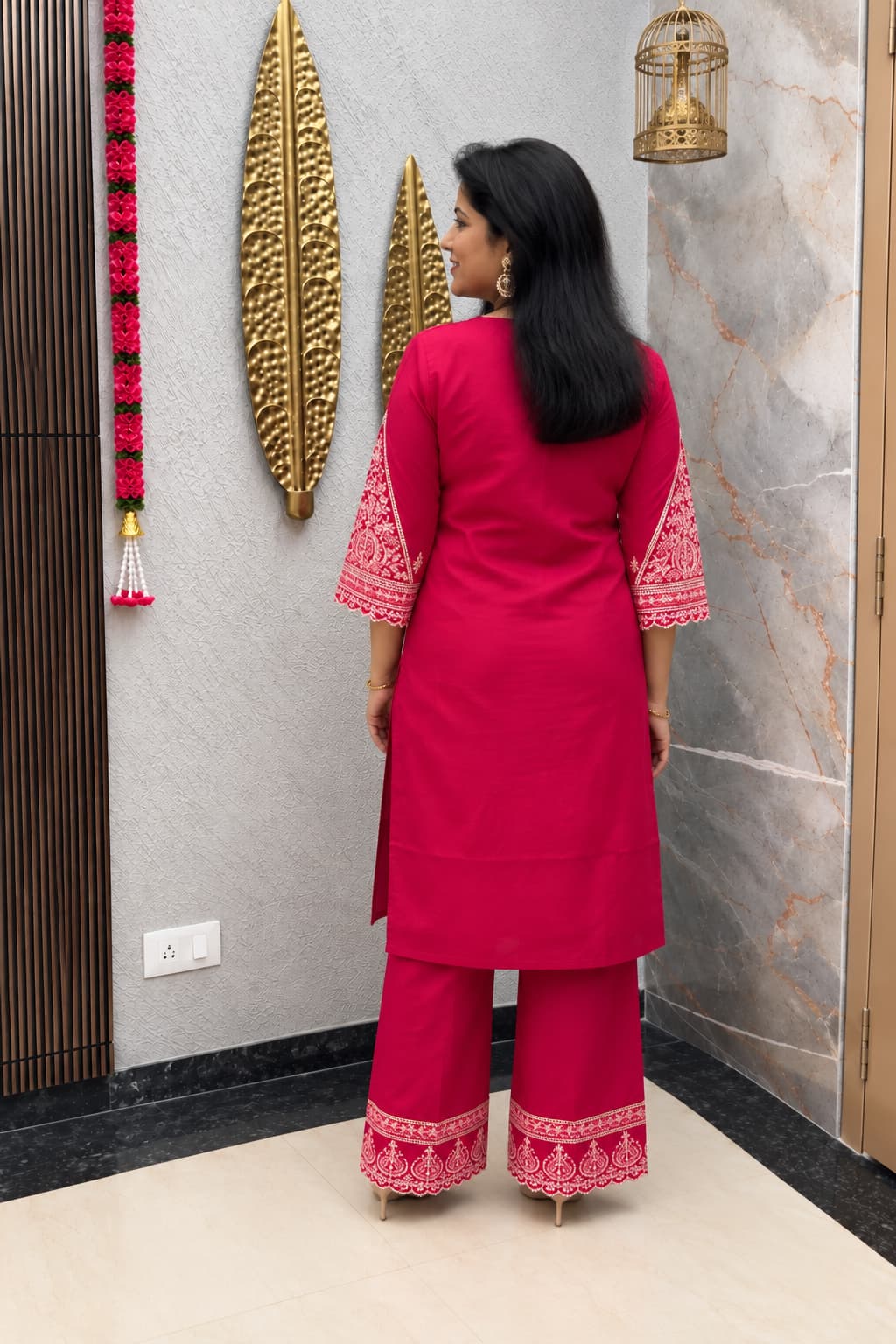 Three-piece magenta muslin kurta, farsi salwar and dupatta set for women
