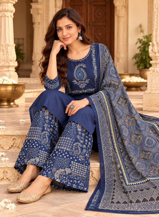 Indigo cotton kurta with cream embroidered yoke and mirror work