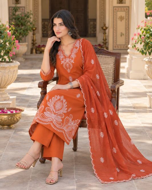 Riva Orange Embroidered Kurta Set