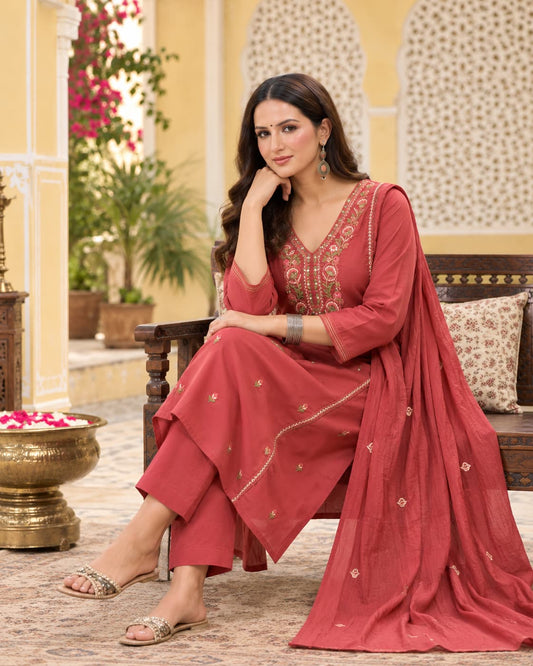Kusum Gajari Pink Embroidered Cotton Kurta Set