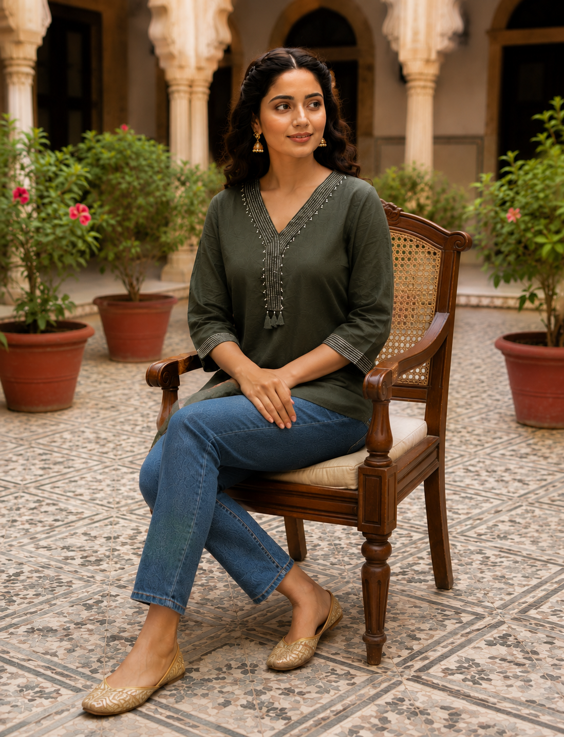 Deep Olive Embroidered Cotton Kurti