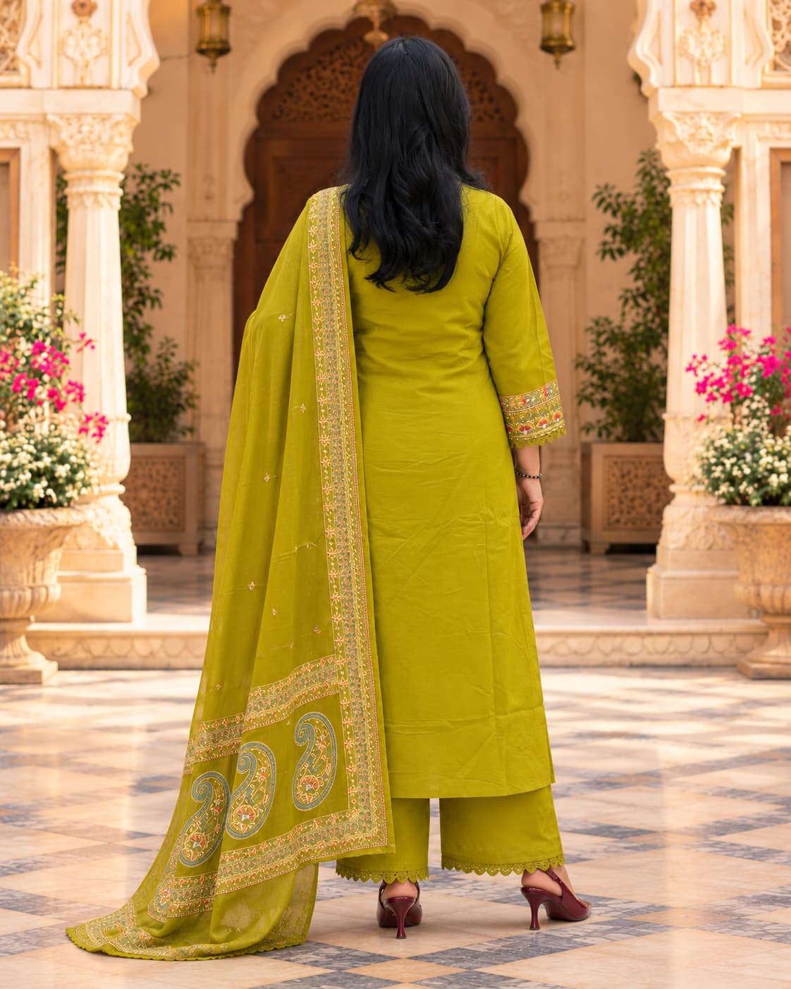 Mehendi green embroidered kurta set for Navratri, poojas and family functions