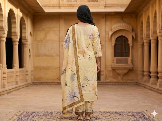 Butter Yellow Printed Cotton Kurta Set