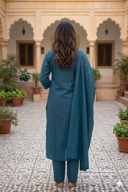 Teal Cotton Kurta Set