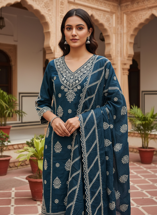 Turquoise Embroidered Cotton Kurta Set
