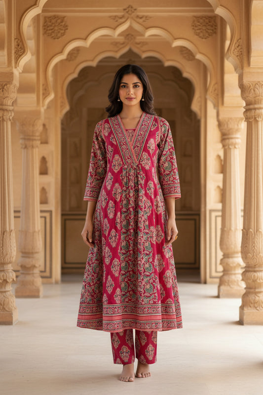 Pink Cotton Printed Aline Kurta Set