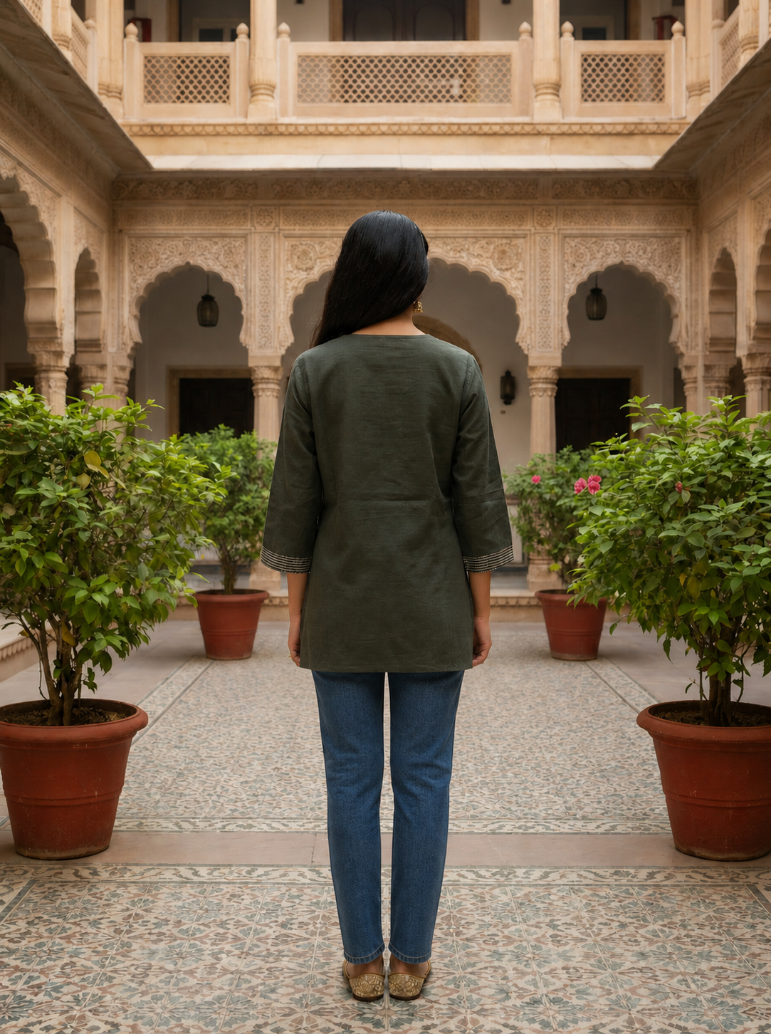 Deep Olive Embroidered Cotton Kurti