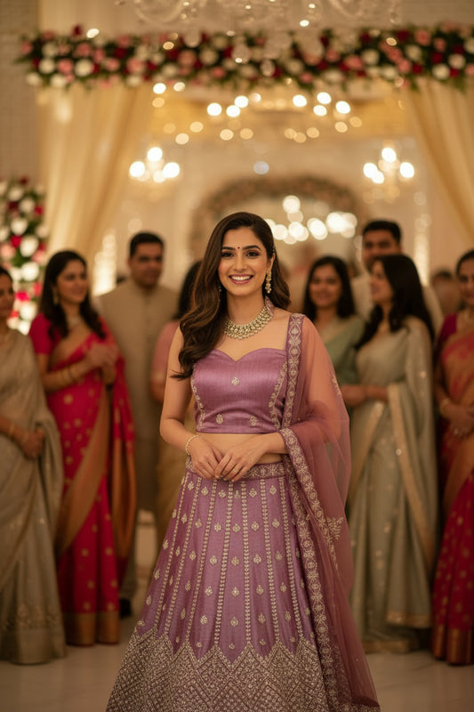 Mauve Embroidered Lehenga Set with Zari Work (Unstitched)