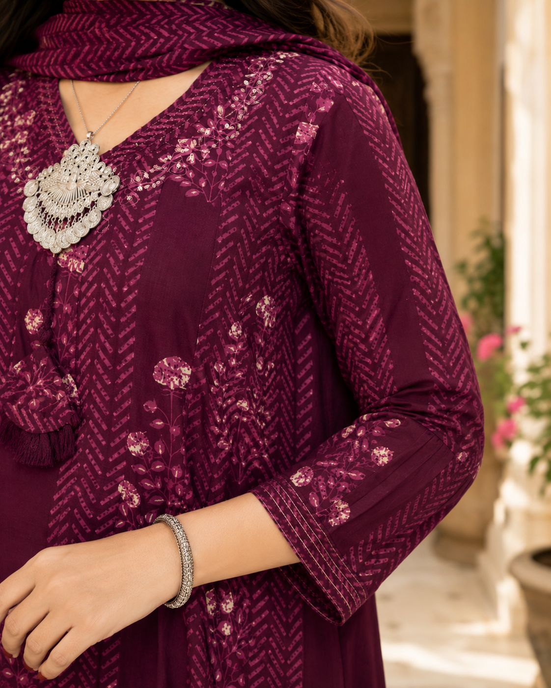 Maroon Printed Anarkali Cotton Kurta Set