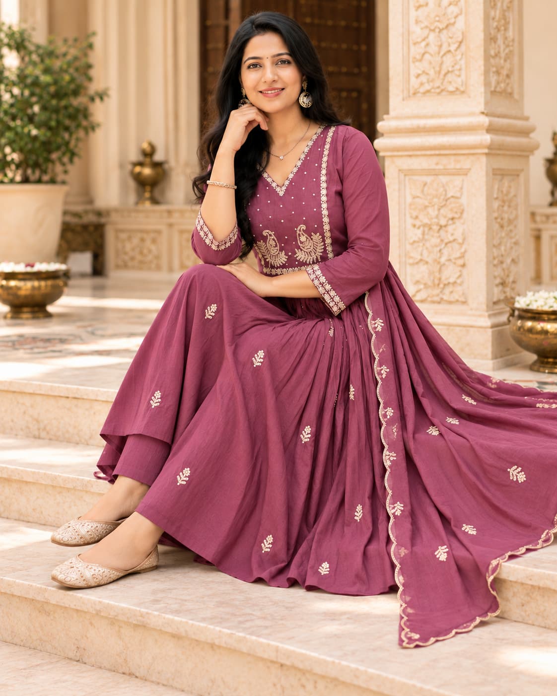 Flared mauve kurta with coordinated dupatta for festive wear