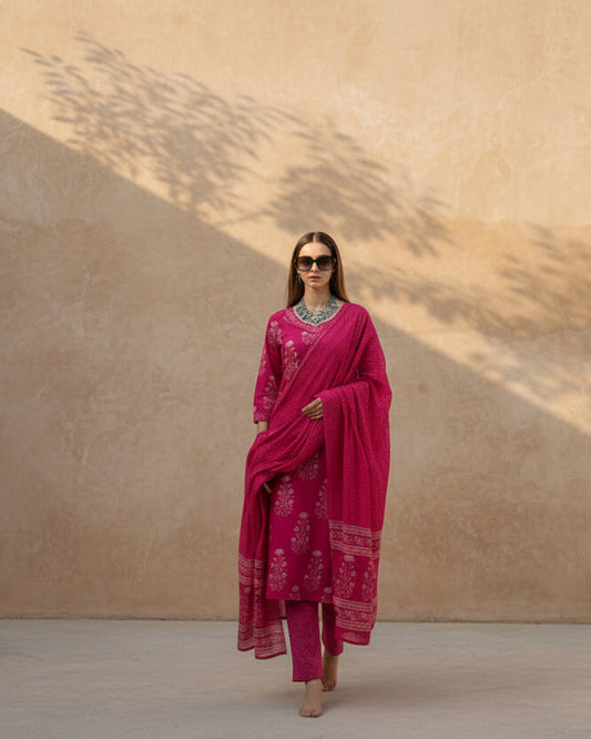 Pink Cotton print kurta set 2