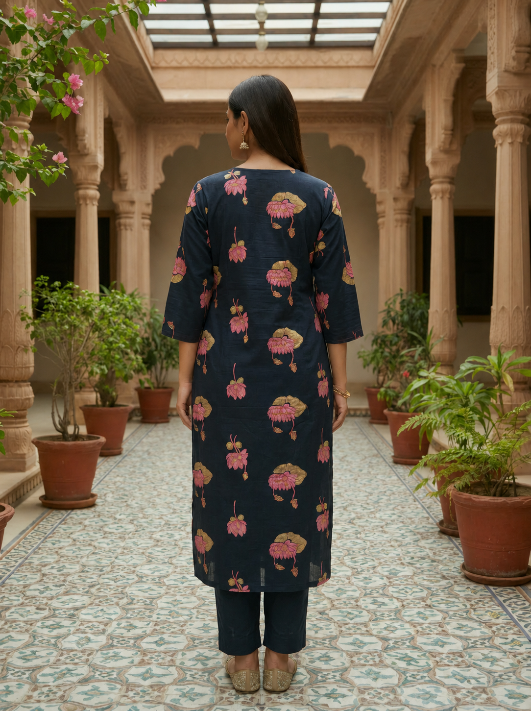 Navy Blue Lotus Printed Kurta Set With Dupatta | Odhanibymann
