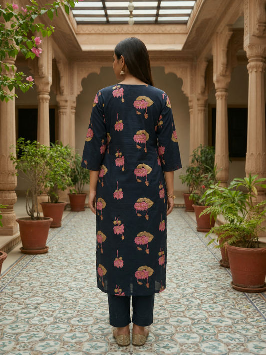 Navy Blue Lotus Printed Kurta Set With Dupatta | Odhanibymann
