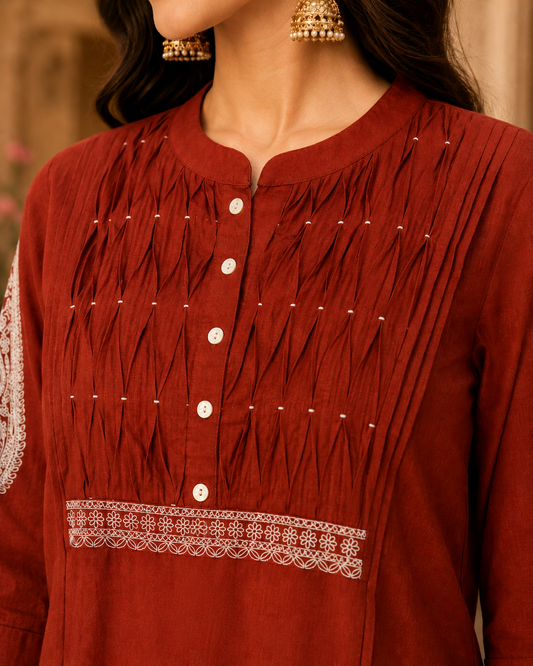 Rust Embroidered Cotton Kurta Pant Set2
