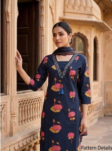 Navy Blue Lotus Printed Kurta Set