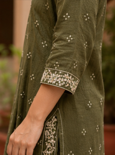 Olive Embroidered Cotton Kurta Set