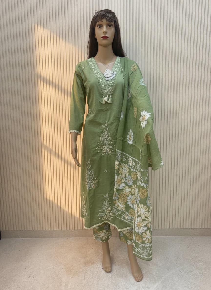 Thread and Patch Work Pista Green Cotton Printed Kurta Set