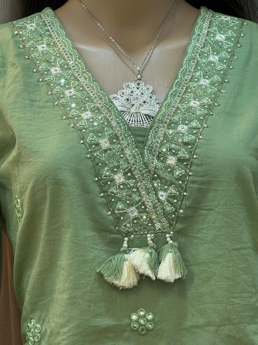 Thread and Patch Work Pista Green Cotton Printed Kurta Set