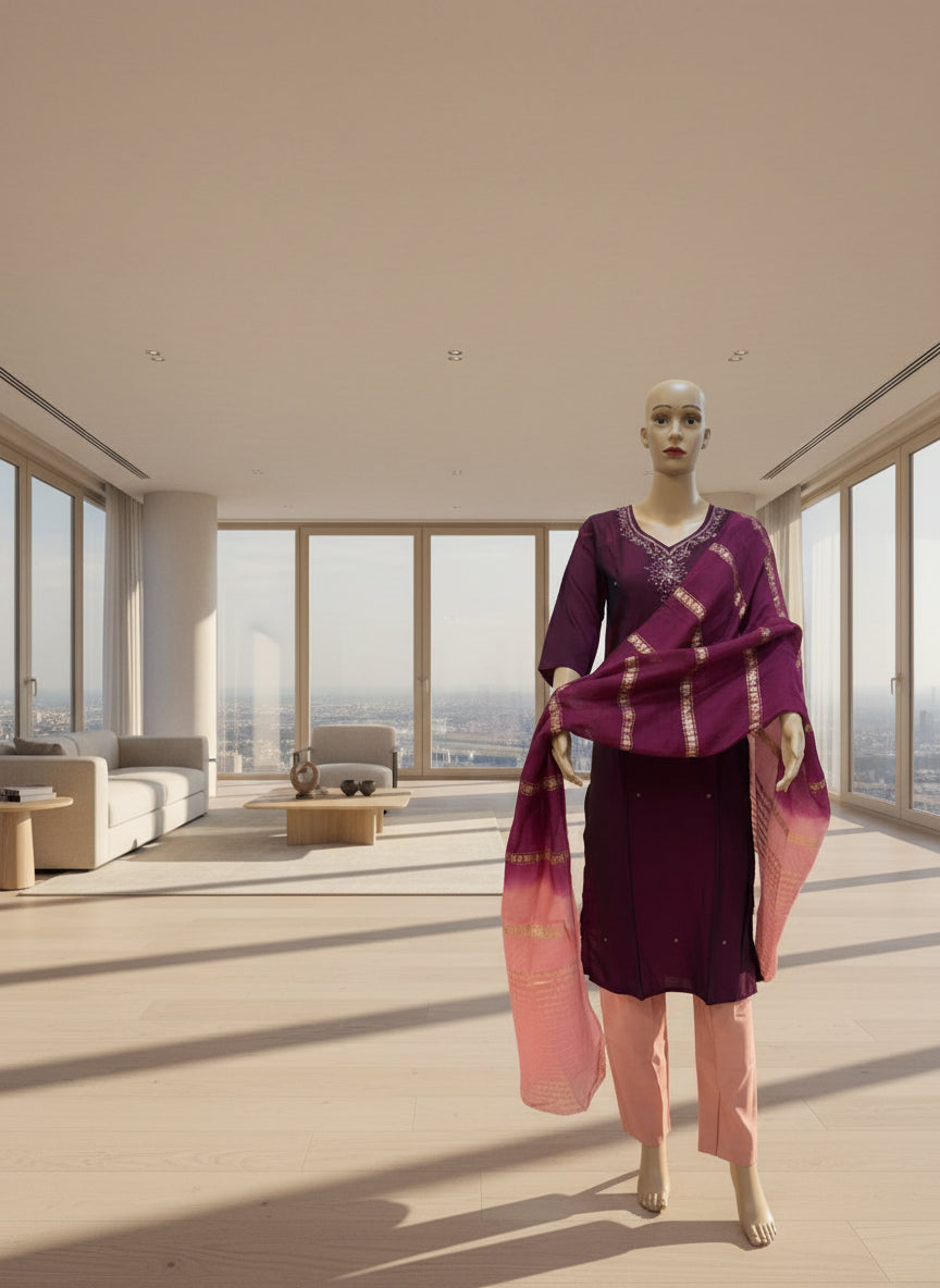 Wine and Pink Silk Kurta Set
