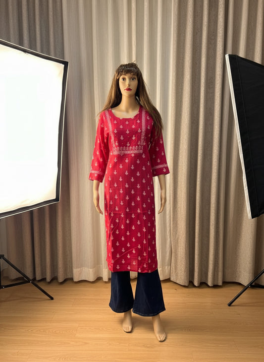 Rani Pink Ethnic Printed Straight Kurti