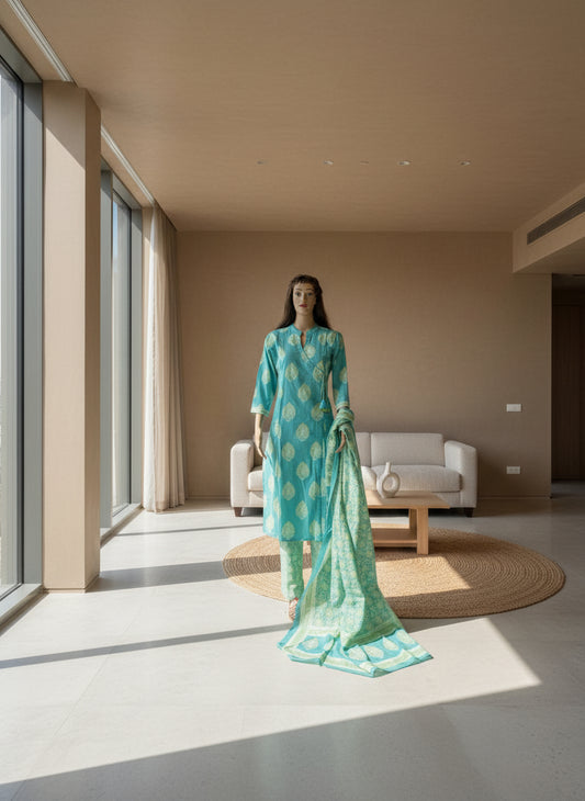 Aqua Bloom Printed angrakha Cotton Kurta Set