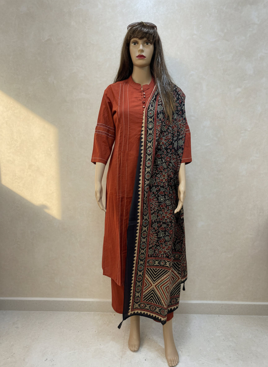Terracotta Elegance Cotton Kurta Set with Ajrakh Dupatta