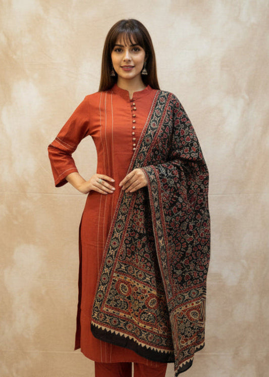 Terracotta Ajrakh Cotton Kurta Set