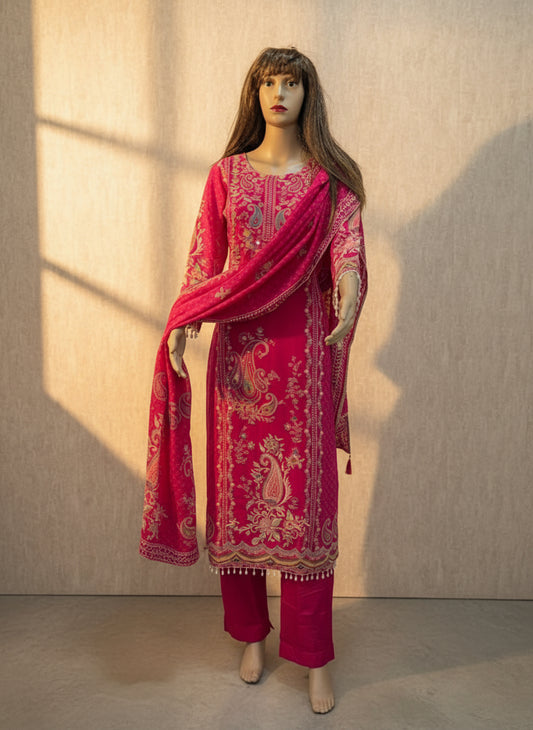 Vibrant Pink Paisley Embroidered Kurta & Pant Set