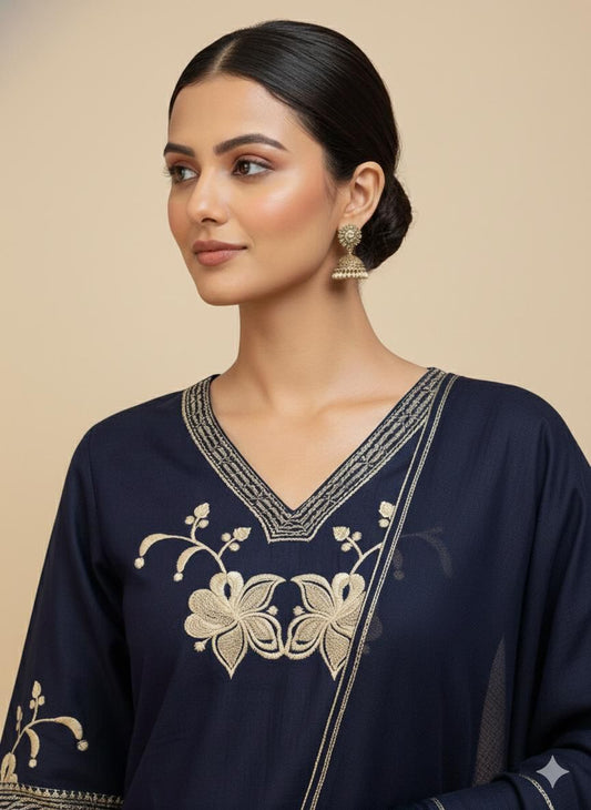 Navy Blue Embroidered Silk Banarasi dupatta Kurta Set