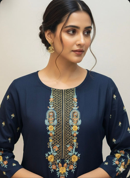 Navy Blue Embroidered Silk Kurta Set with Dupatta