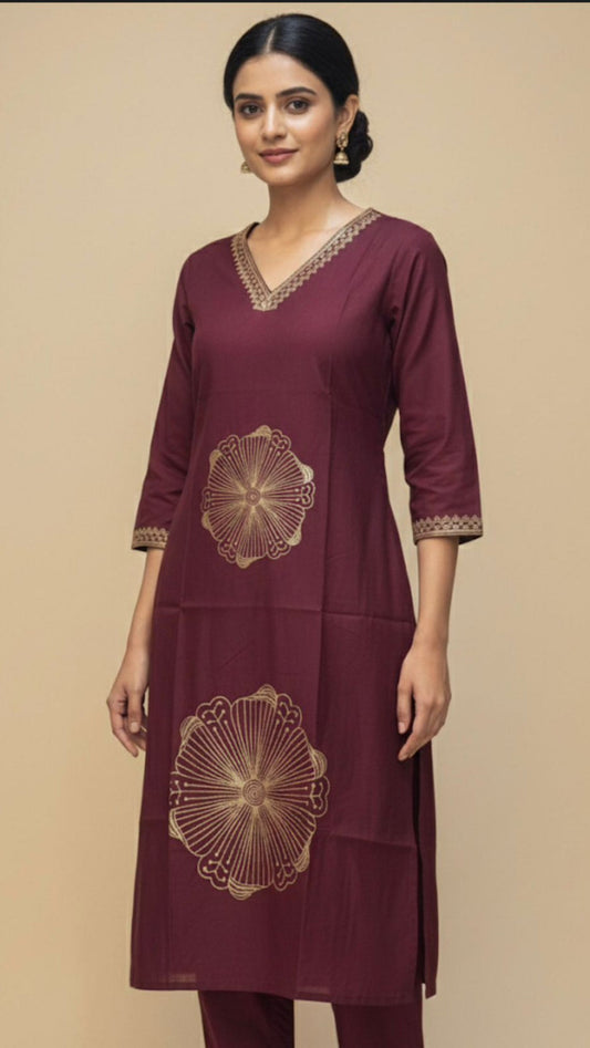 Wine embroidery Kurta Set for Women with dupatta