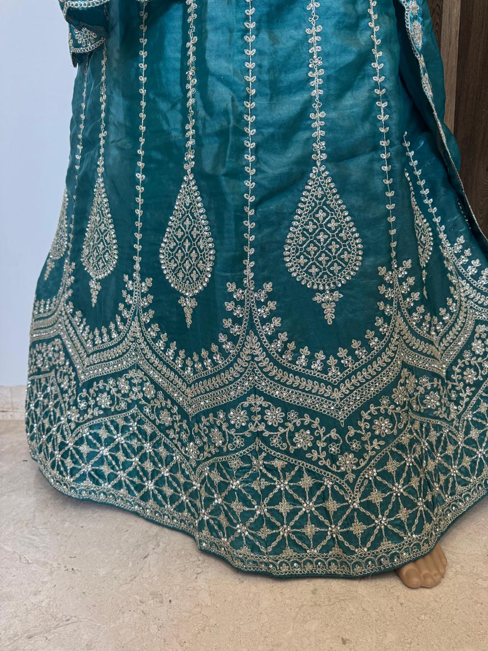 Teal Embroidered Lehenga Set(unstitched)