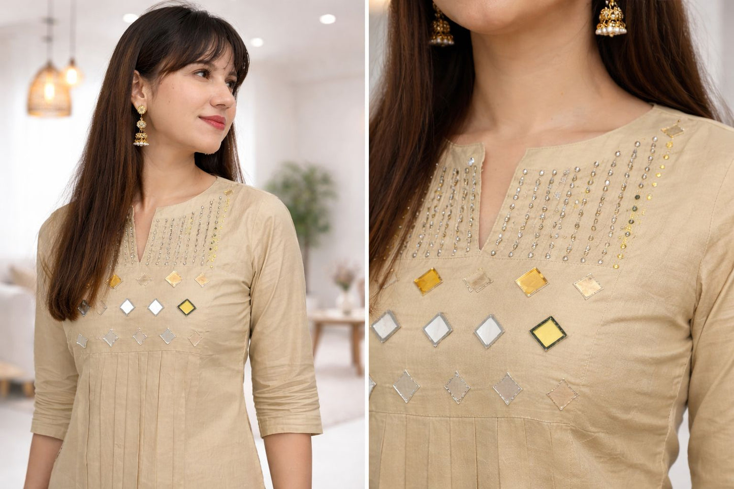 Beige Mirror cotton Work Kurta Set