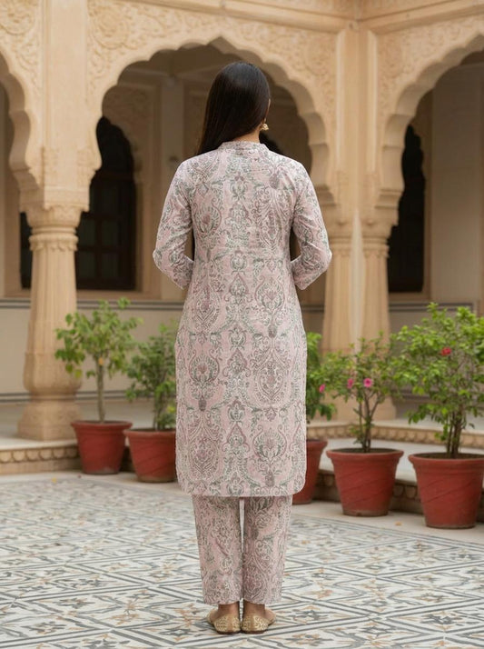 Pastel Pink Printed Cotton Kurta Set