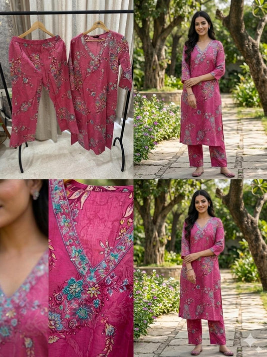 Pink Printed Cotton Kurta Set
