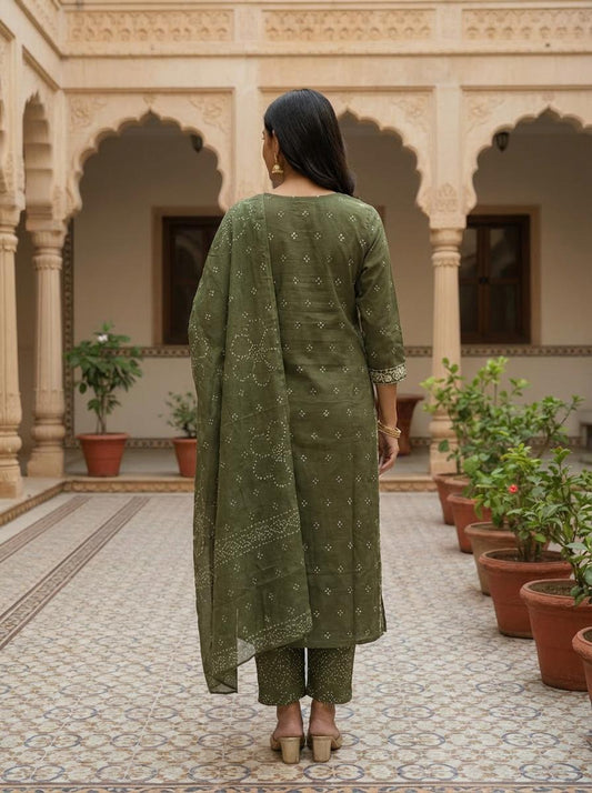 Olive Embroidered Cotton Kurta Set