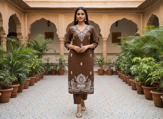 Brown Embroidered Cotton Kurta Set