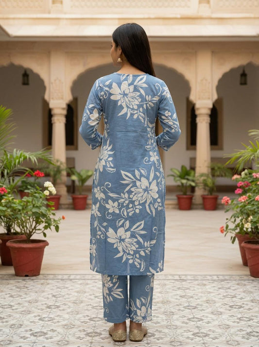 Pastel Blue Printed Cotton Kurta Set