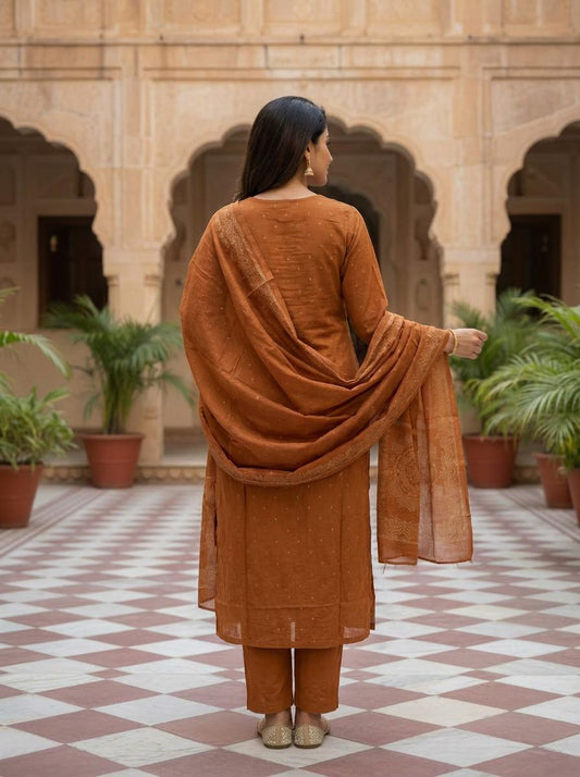 Rust Embroidered Cotton Kurta Set