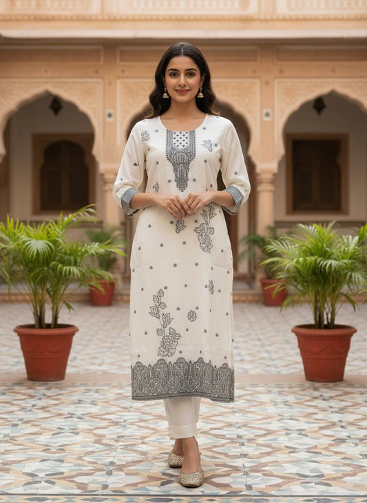 Off White Cotton embroidered Kurta Set