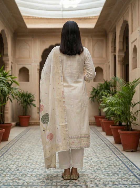 Off White Cotton Embroidered Kurta Set