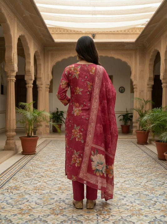 Pink Embroidered Cotton Kurta Set