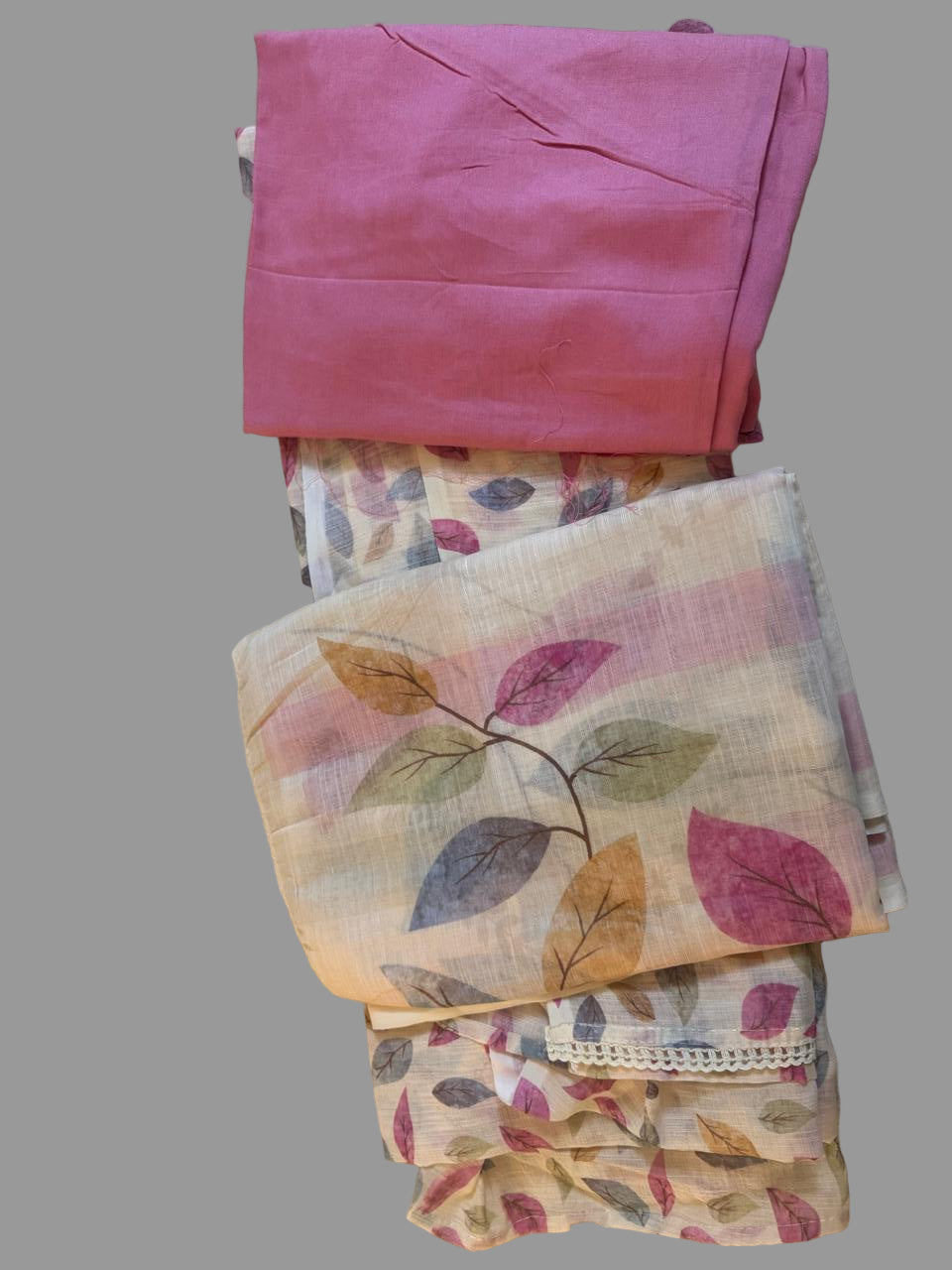 Off white pink leafy print kurta set material