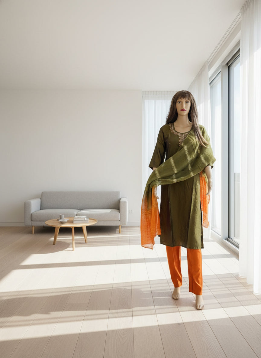 Olive Green and Orange Silk Kurta Set